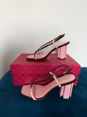 Tory Burch Pink and Brown Strappy Block Heel Sandals